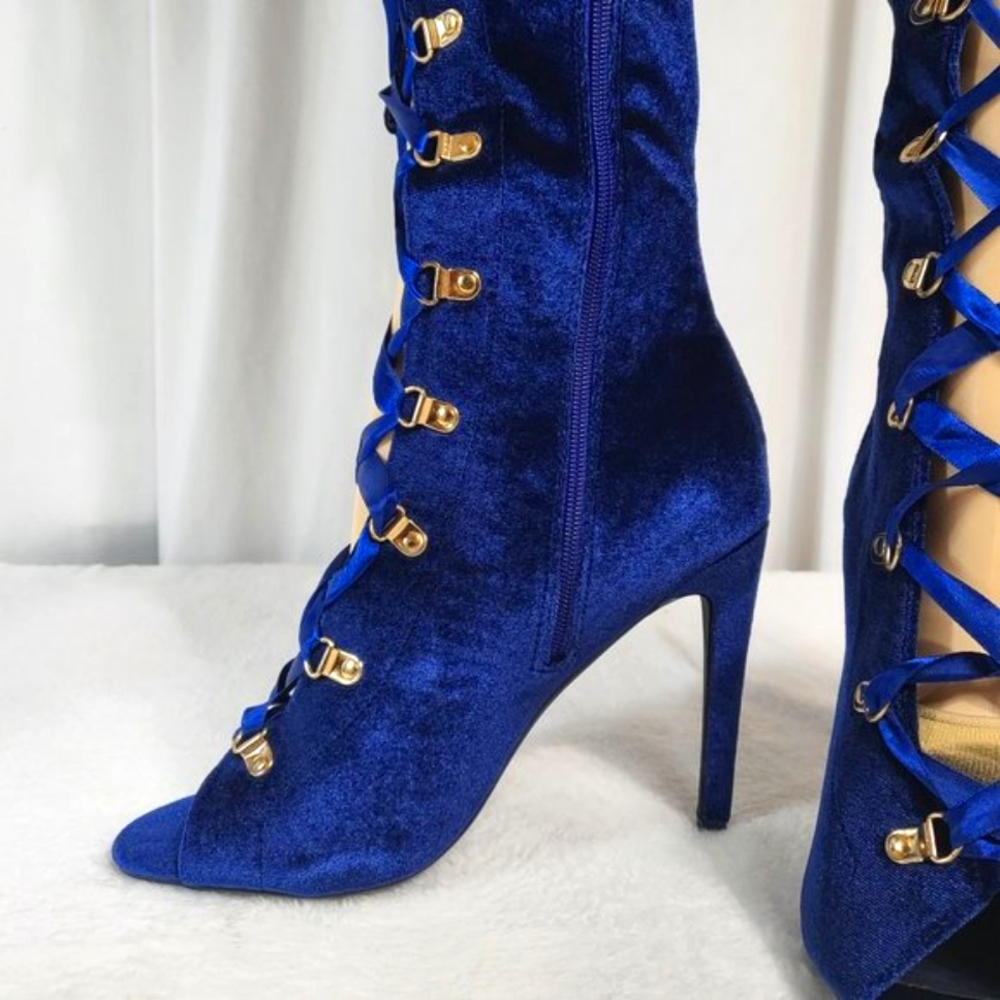 * Cape Robbin Navy Blue Satin Lace Up High Heel Thigh Boots - Picture 4 of 11